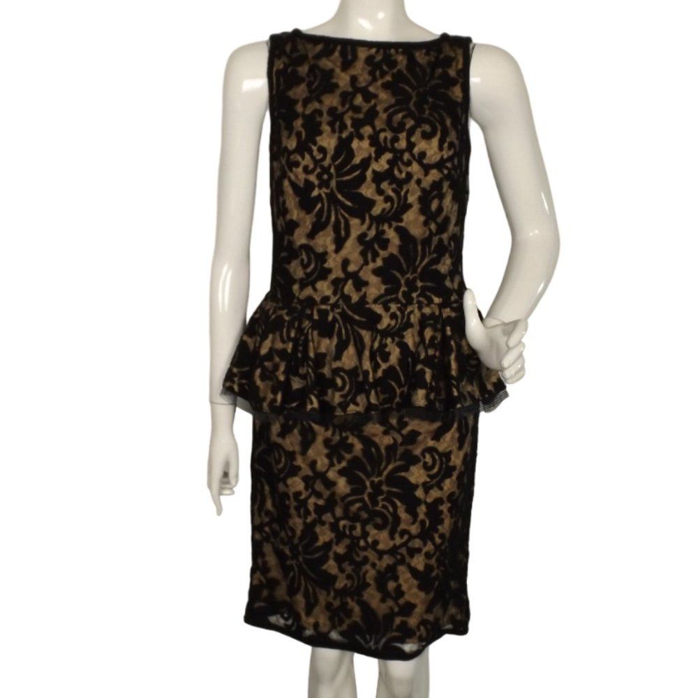 Tadashi Shoji Dress, 6, Black Lace Overlay/Nude, Sleeveless, Peplum, Cocktail